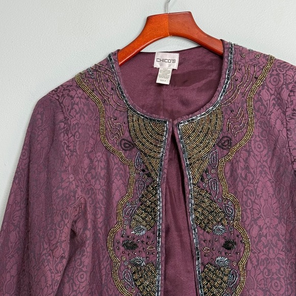 Chicos Purple Beaded Damask Open Front Jacket Size 0 XS S Ornate Evening Blazer - Picture 2 of 9